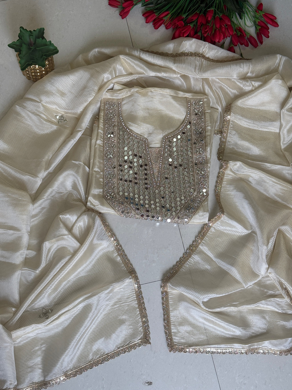 Mirror-Embellished Ivory Suit for Party & Festive Wear