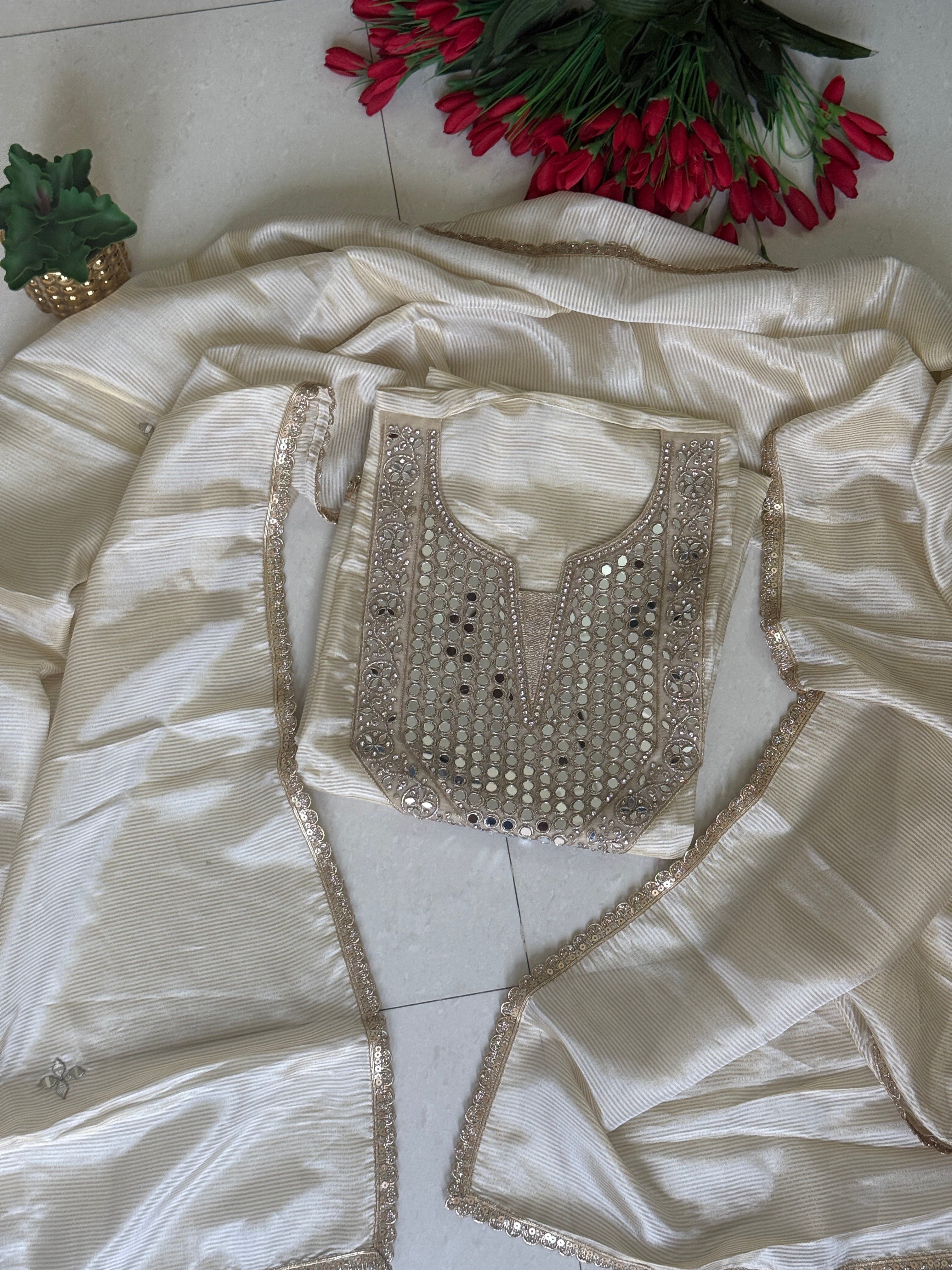 Mirror-Embellished Ivory Suit for Party & Festive Wear