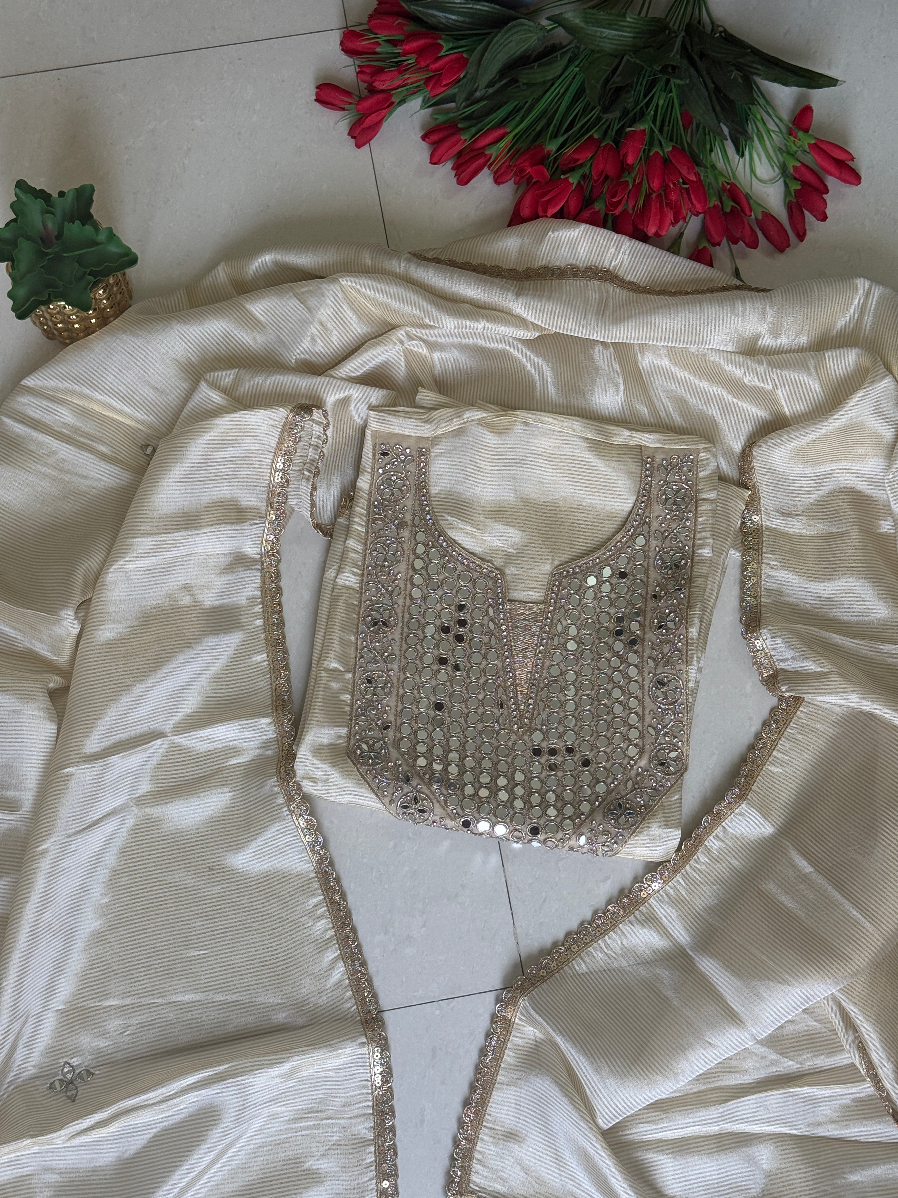 Mirror-Embellished Ivory Suit for Party & Festive Wear